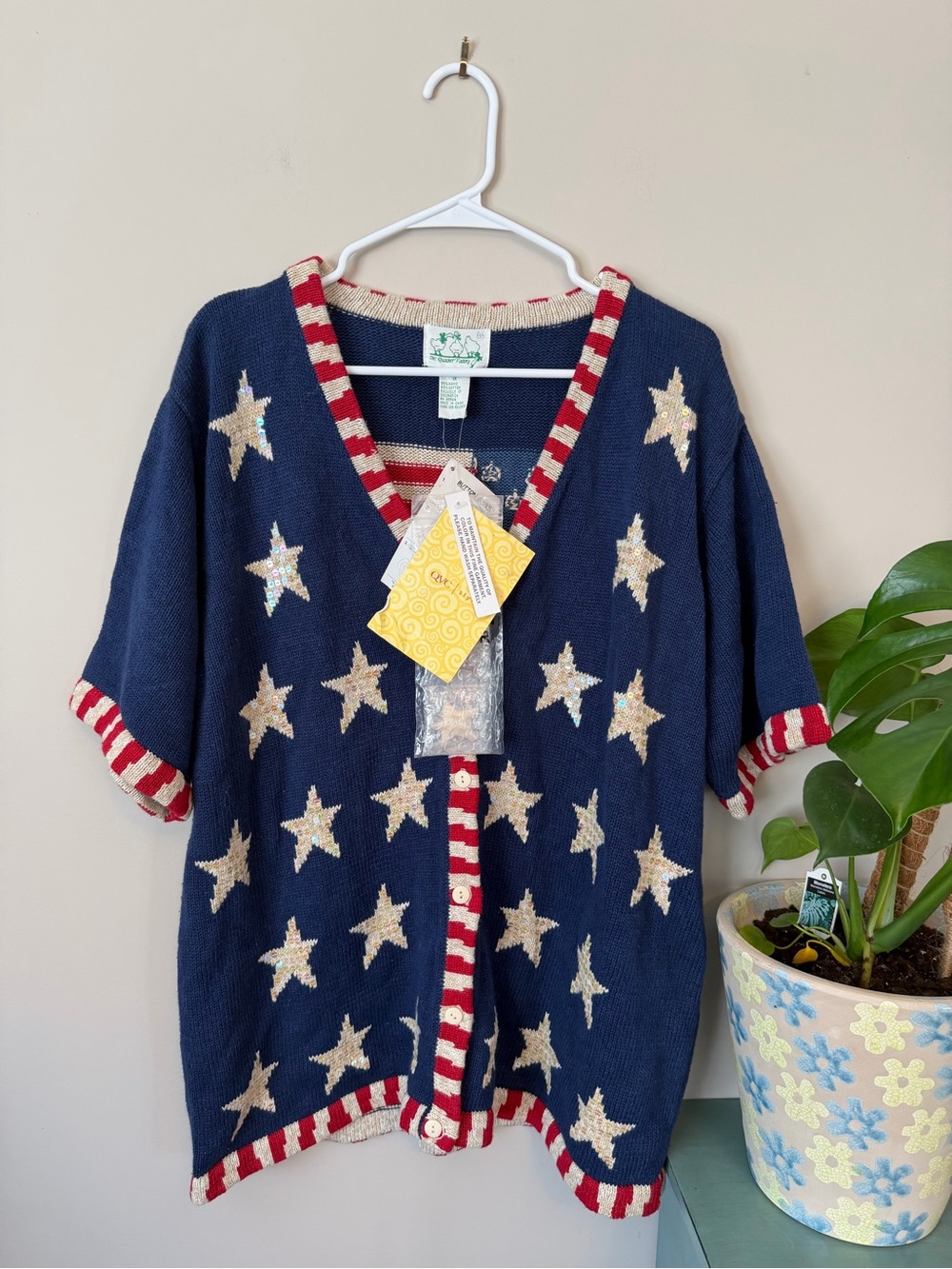 Quacker Factory Navy Cardigan with Cream and Red Trim